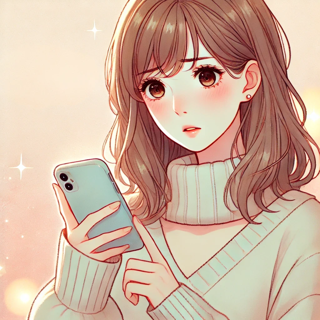 恋愛の悩みを抱えながらスマホを見つめる女性のイラスト。少し戸惑いながらも、どこか希望を感じさせる表情が特徴的。